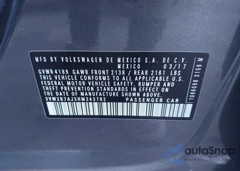 2017 Volkswagen Jetta 1.4T S из США, поврежденный, VIN 3VW2B7AJ3HM343782